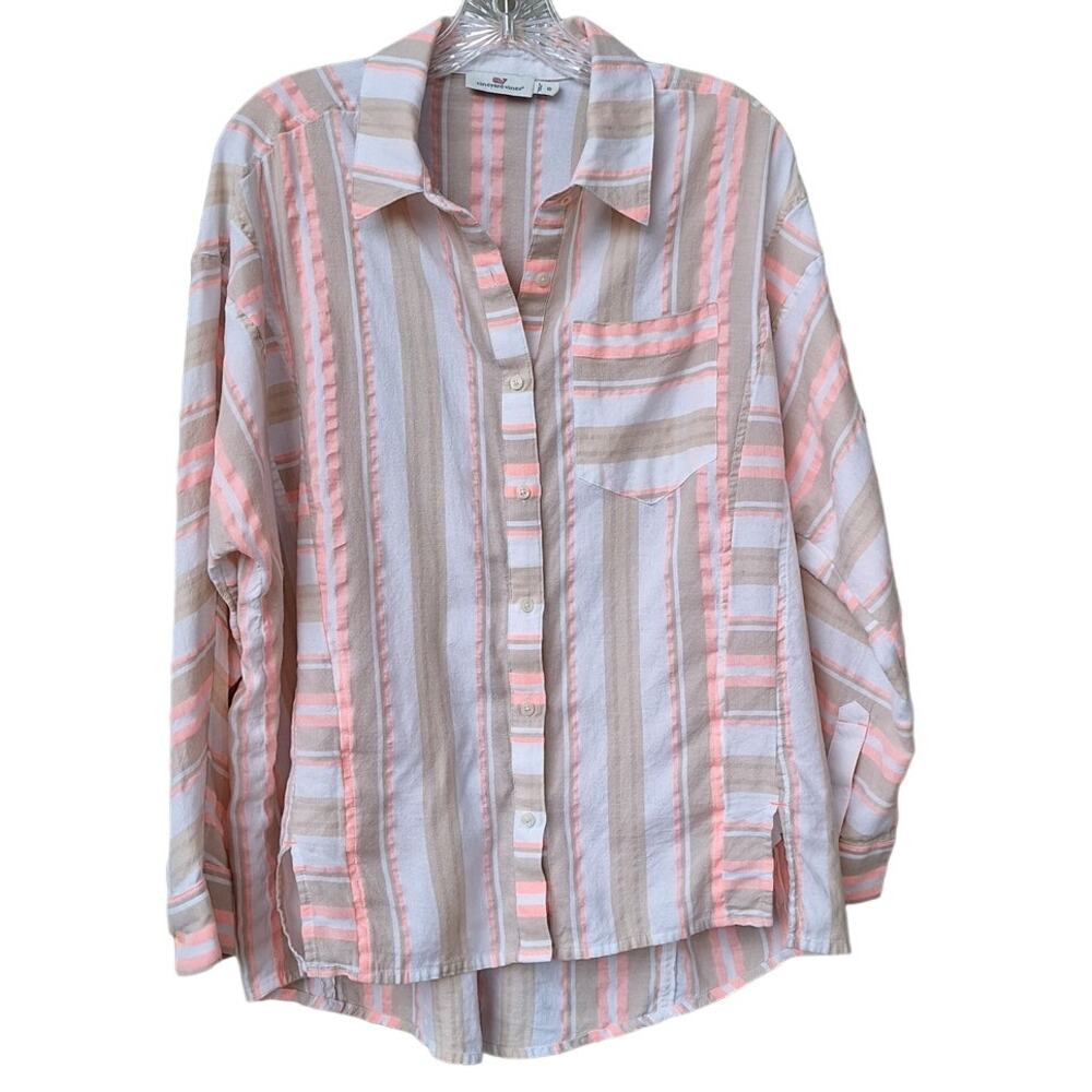 Vineyard Vines Cotton blend Striped Button down Shirt Blouse Pink Tan White 10 M
